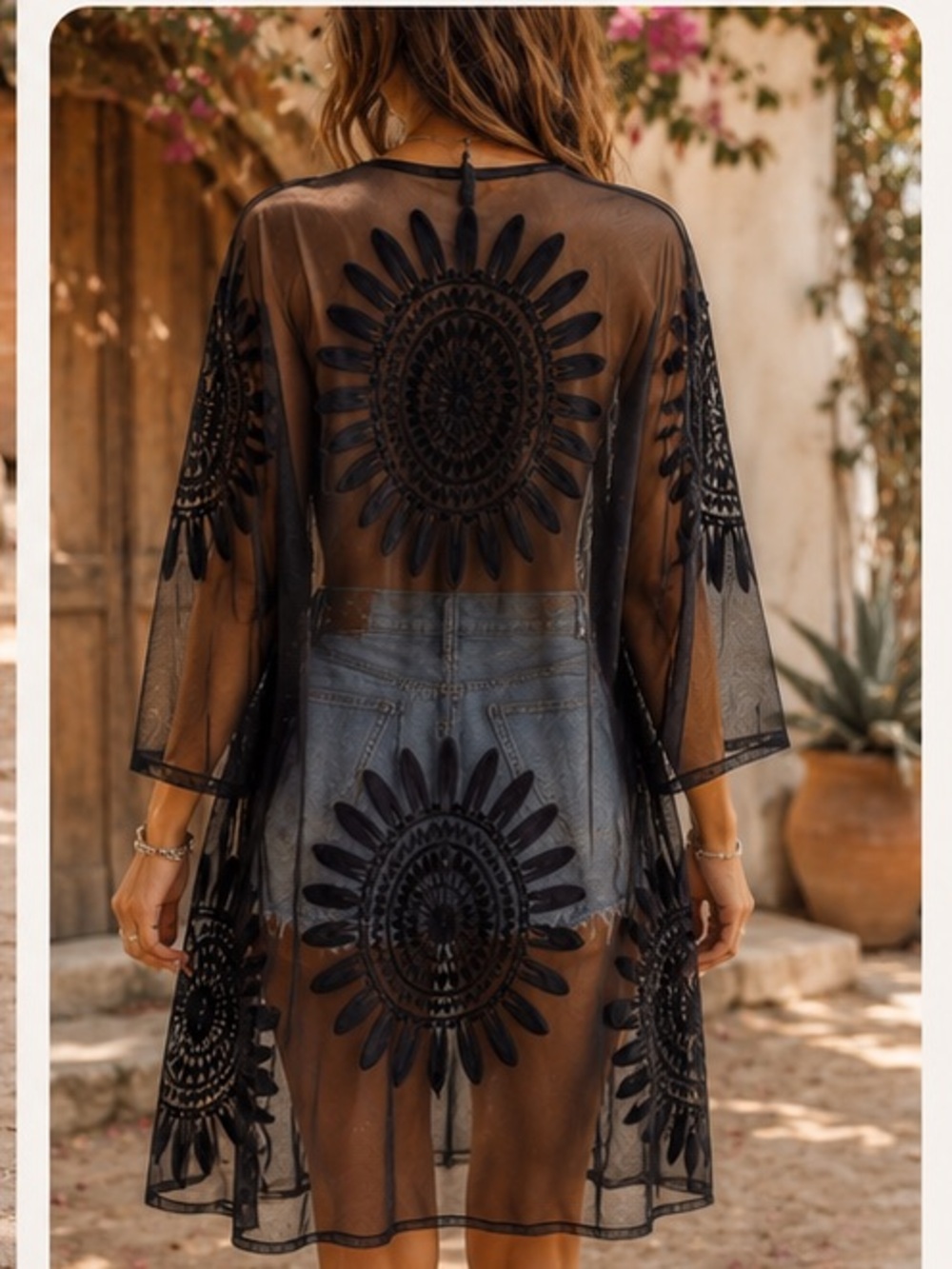 America & Beyond Black Sheer Embroidered Mesh Duster Kimono Size M